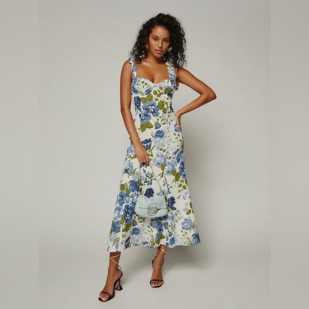 Reformation Blue and Green Floral Midi Dress. Size 4 - Picture 4 of 11